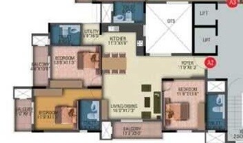 Floor plan of 3 BHK 1535 Sq. Ft. Apartment in Prestige Monte Carlo, Bangalore
