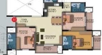 Floor plan of 3 BHK 1860 Sq. Ft. Apartment in Prestige Monte Carlo, Bangalore