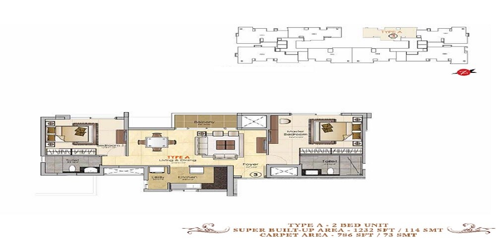 Floor plan of 2 BHK 1232 Sq. Ft. Apartment in Prestige MSR, Bangalore