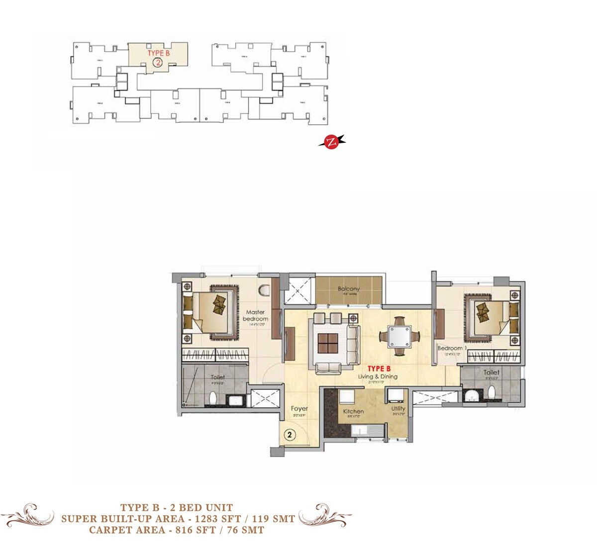 Floor plan of 2 BHK 1283 Sq. Ft. Apartment in Prestige MSR, Bangalore
