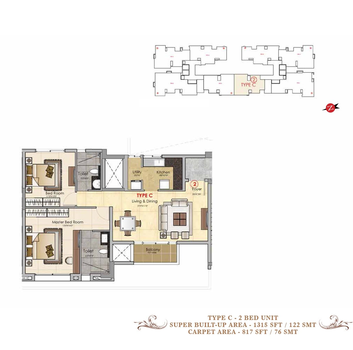 Floor plan of 2 BHK 1315 Sq. Ft. Apartment in Prestige MSR, Bangalore