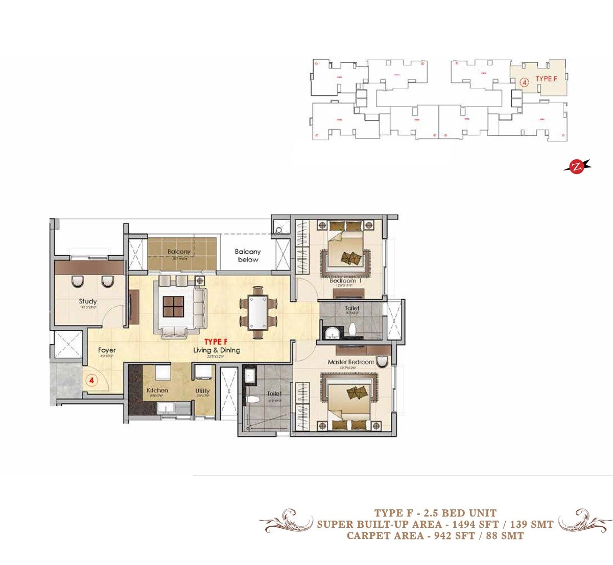Floor plan of 3 BHK 1494 Sq. Ft. Apartment in Prestige MSR, Bangalore