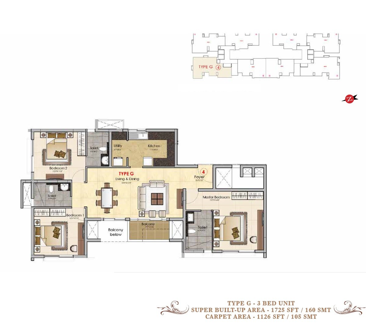 Floor plan of 3 BHK 1725 Sq. Ft. Apartment in Prestige MSR, Bangalore