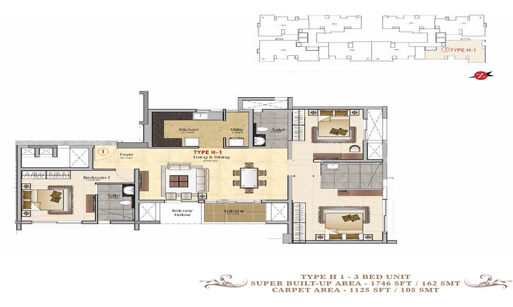 Floor plan of 3 BHK 1746 Sq. Ft. Apartment in Prestige MSR, Bangalore
