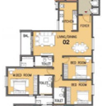 Floor plan of 3 BHK 1804 Sq. Ft. Apartment in Prestige North Point, Bangalore