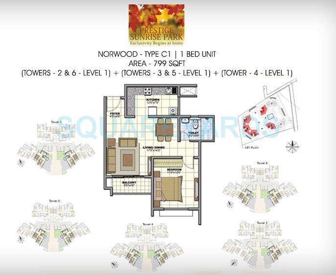 Floor plan of 1 BHK 802 Sq. Ft. Apartment in Prestige Norwood, Bangalore