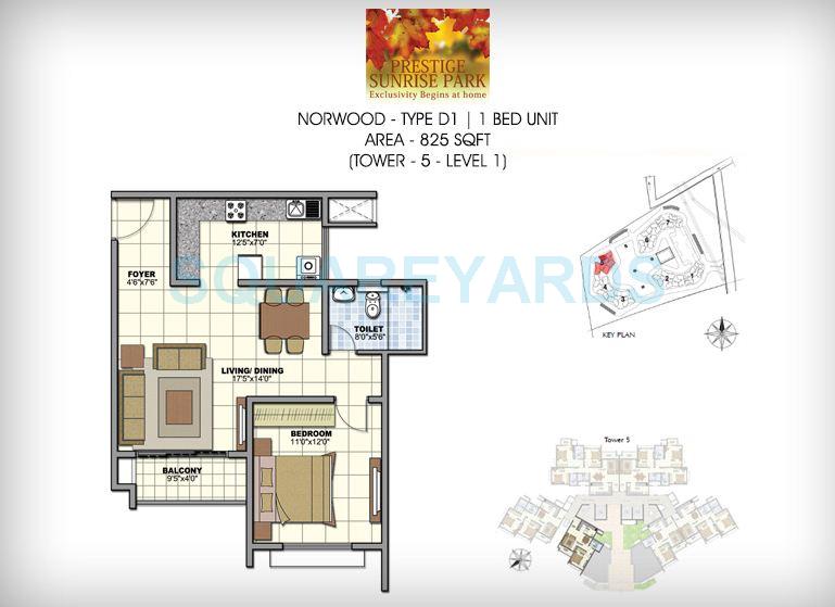 Floor plan of 1 BHK 828 Sq. Ft. Apartment in Prestige Norwood, Bangalore
