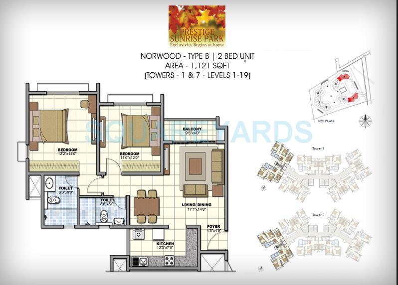 Floor plan of 2 BHK 1121 Sq. Ft. Apartment in Prestige Norwood, Bangalore