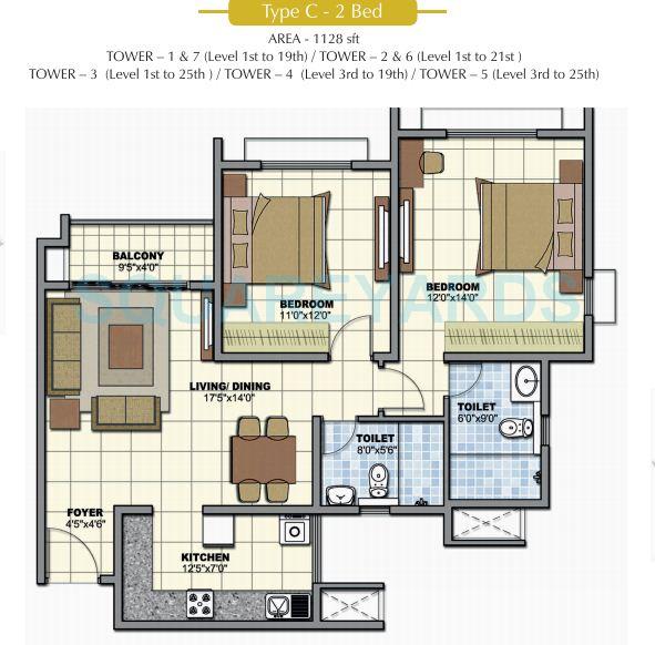 Floor plan of 2 BHK 1128 Sq. Ft. Apartment in Prestige Norwood, Bangalore