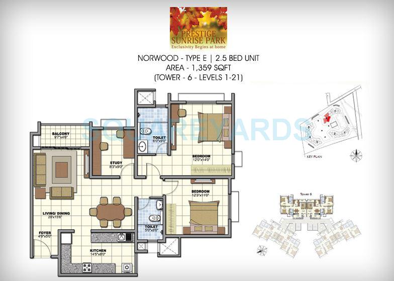 Floor plan of 2 BHK 1359 Sq. Ft. Apartment in Prestige Norwood, Bangalore