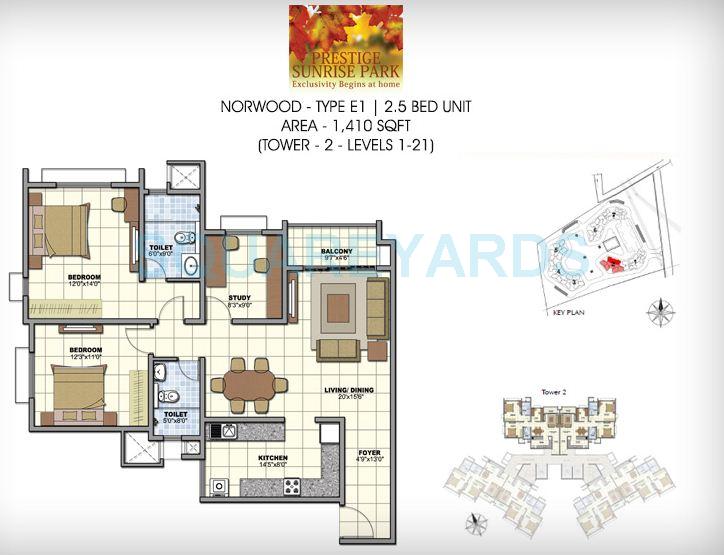 Floor plan of 2 BHK 1410 Sq. Ft. Apartment in Prestige Norwood, Bangalore