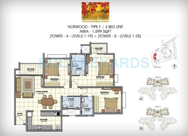 Floor plan of 3 BHK 1599 Sq. Ft. Apartment in Prestige Norwood, Bangalore