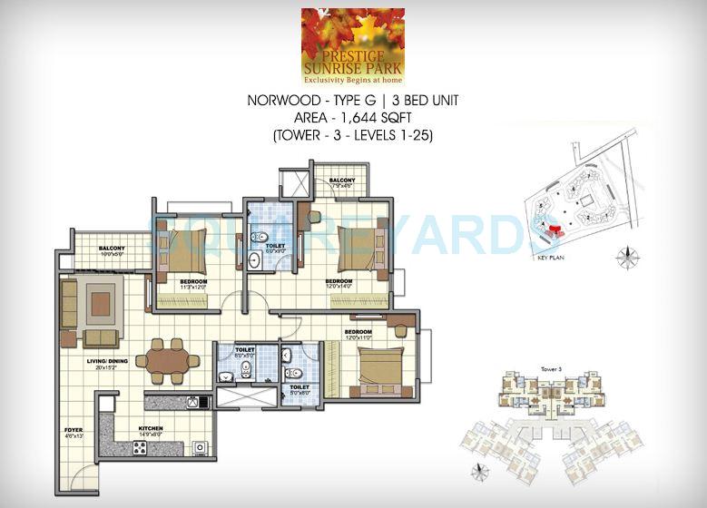 Floor plan of 3 BHK 1644 Sq. Ft. Apartment in Prestige Norwood, Bangalore