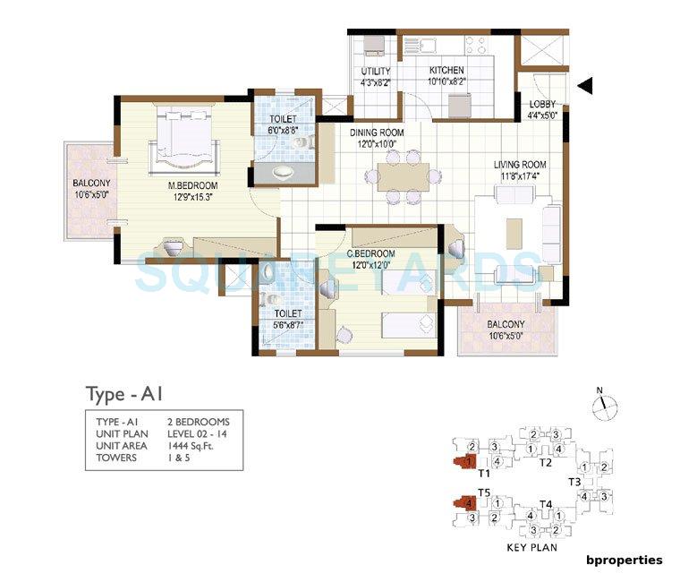 Floor plan of 2 BHK 1444 Sq. Ft. Apartment in Prestige Notting Hill, Bangalore