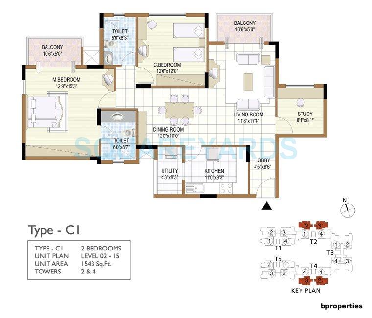 Floor plan of 2 BHK 1543 Sq. Ft. Apartment in Prestige Notting Hill, Bangalore