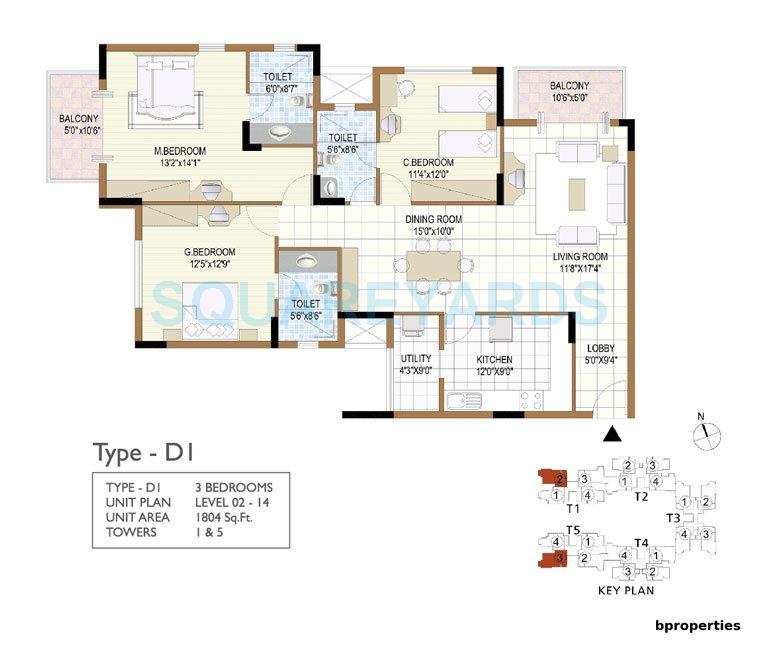 Floor plan of 3 BHK 1804 Sq. Ft. Apartment in Prestige Notting Hill, Bangalore