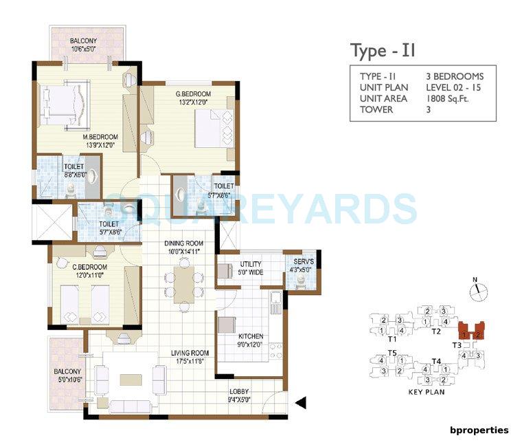 Floor plan of 3 BHK 1808 Sq. Ft. Apartment in Prestige Notting Hill, Bangalore