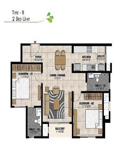 Floor plan of 2 BHK Apartment - 1115 sq. ft. in Prestige Park Square, Bangalore