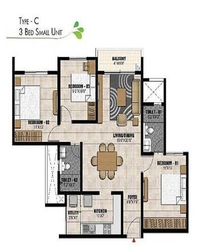 Floor plan of 3 BHK Apartment - 1348 sq. ft. in Prestige Park Square, Bangalore