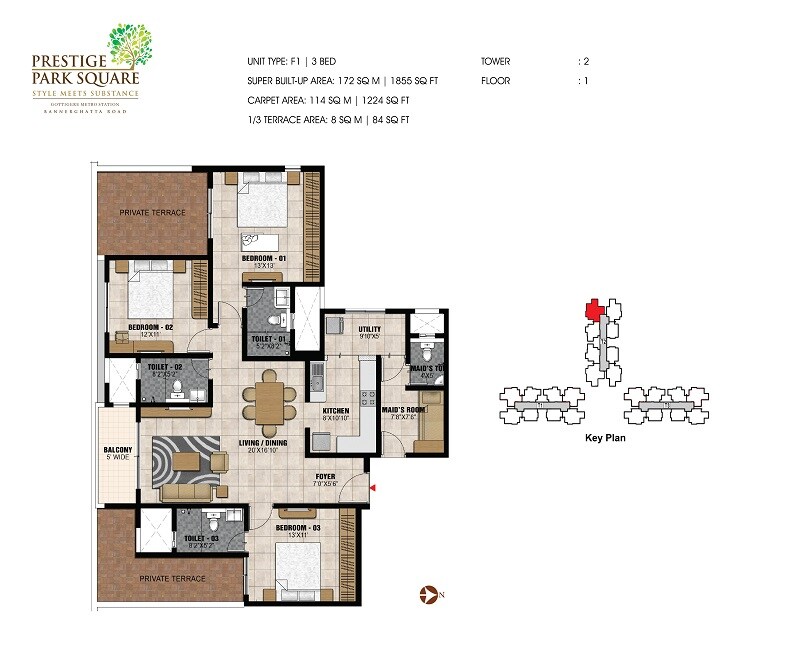 Floor plan of 3 BHK Apartment - 1855 sq. ft. in Prestige Park Square, Bangalore