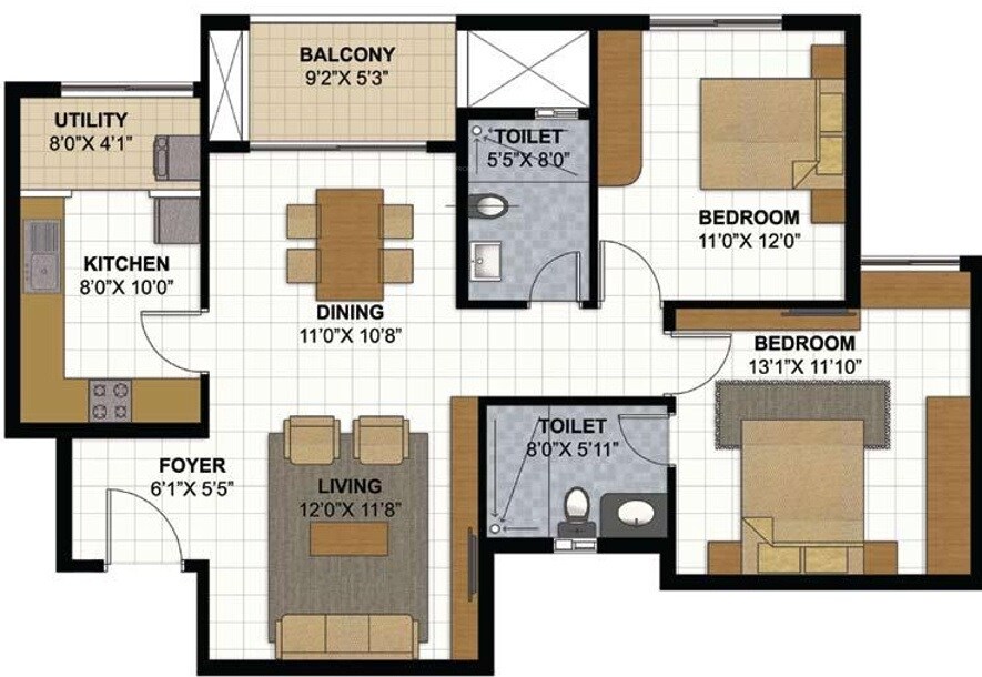 Floor plan of 2 BHK 1220 Sq. Ft. Apartment in Prestige Park View, Bangalore