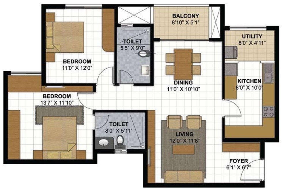 Floor plan of 2 BHK 1272 Sq. Ft. Apartment in Prestige Park View, Bangalore
