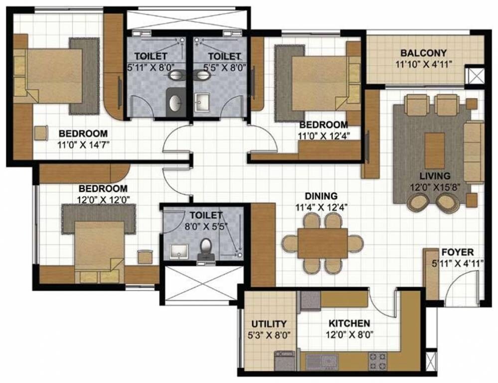 Floor plan of 3 BHK 1704 Sq. Ft. Apartment in Prestige Park View, Bangalore