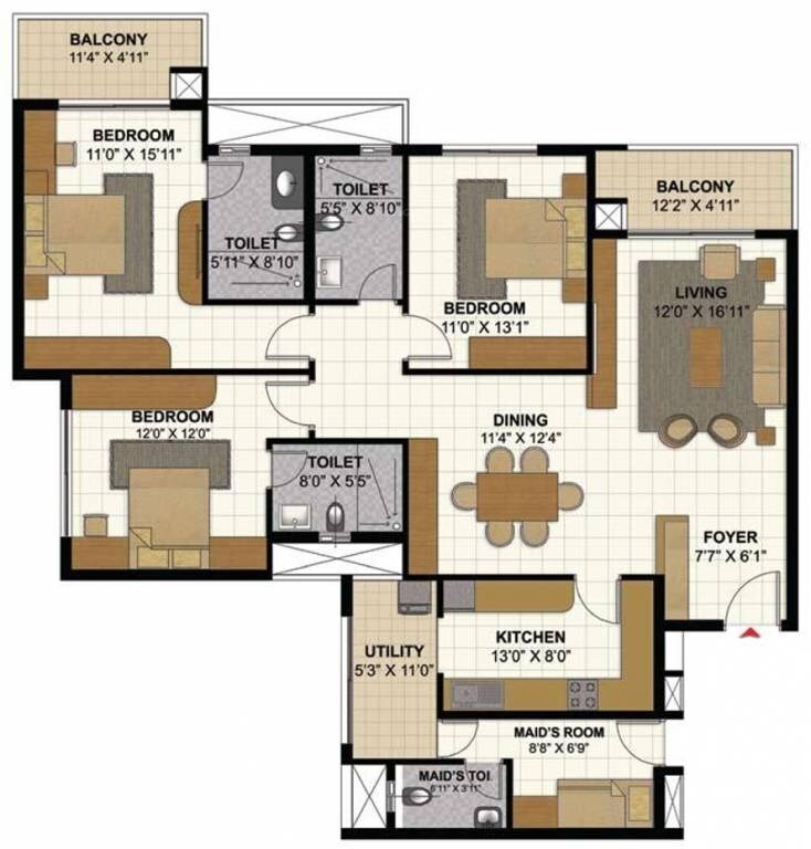 Floor plan of 3 BHK 2023 Sq. Ft. Apartment in Prestige Park View, Bangalore