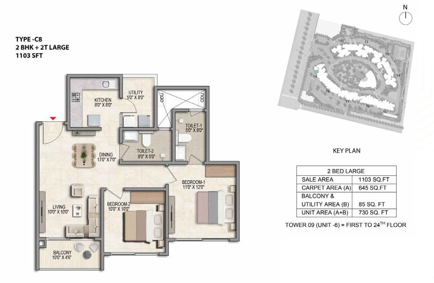 Floor plan of 2 BHK 1103 Sq. Ft. Apartment in Prestige Parklane, Bangalore