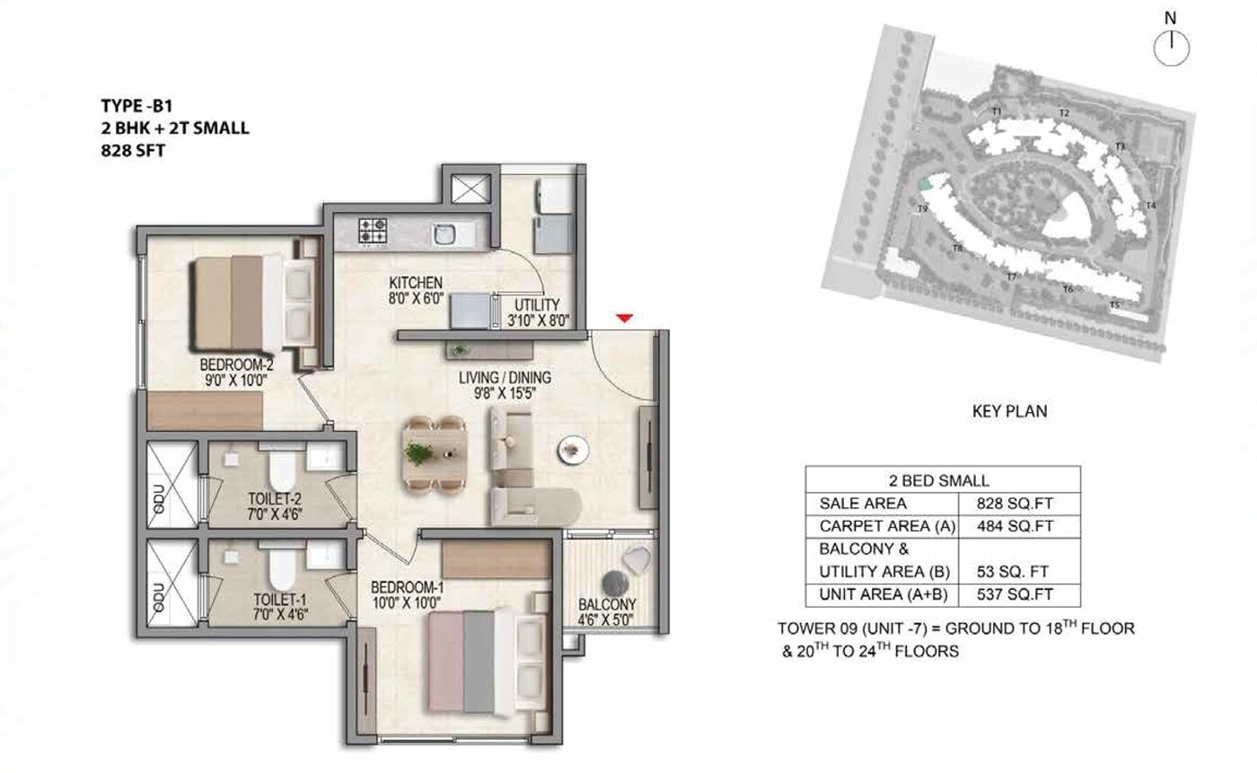 2 BHK 828 Sq. Ft. Apartment
