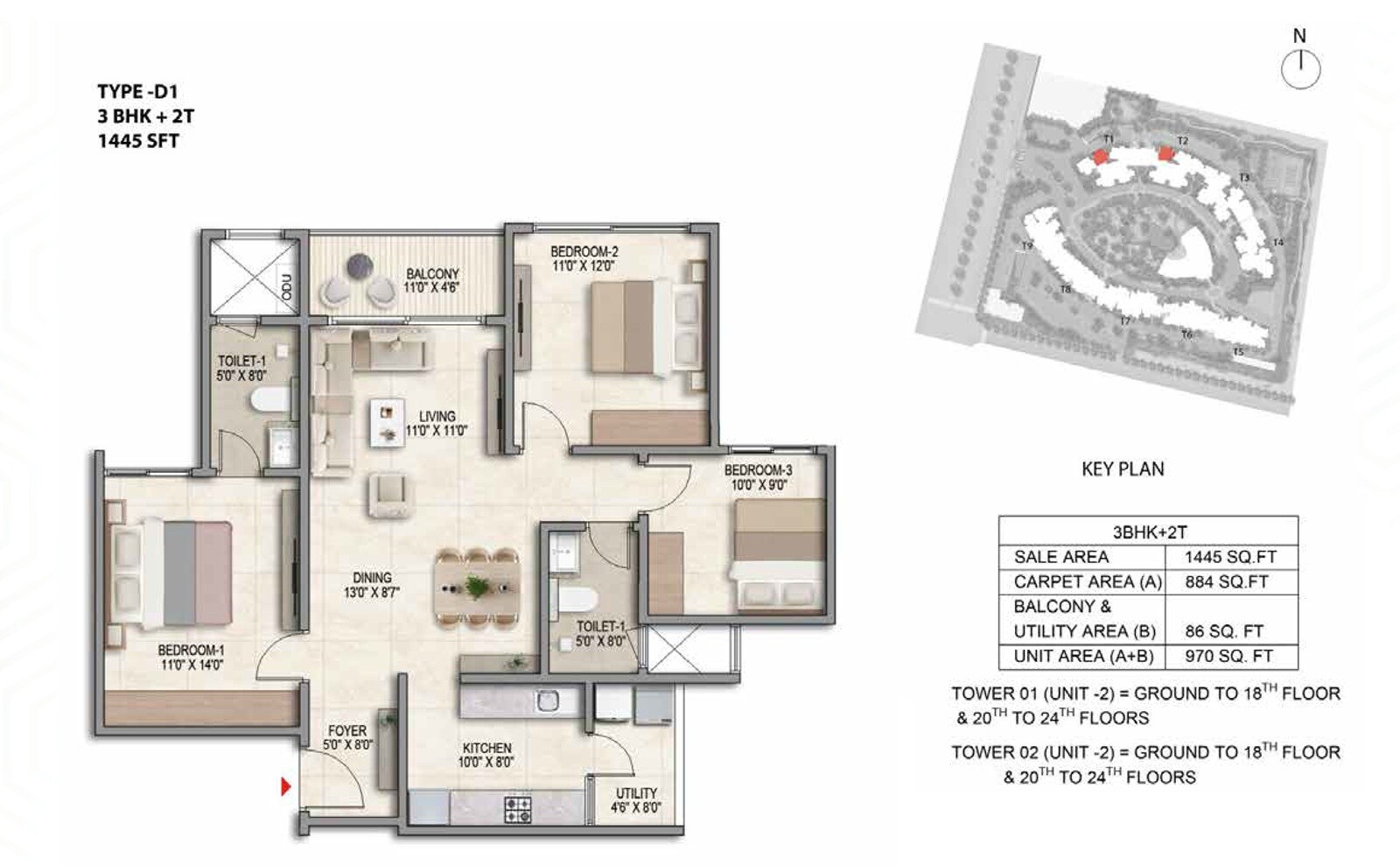 Floor plan of 3 BHK 1445 Sq. Ft. Apartment in Prestige Parklane, Bangalore
