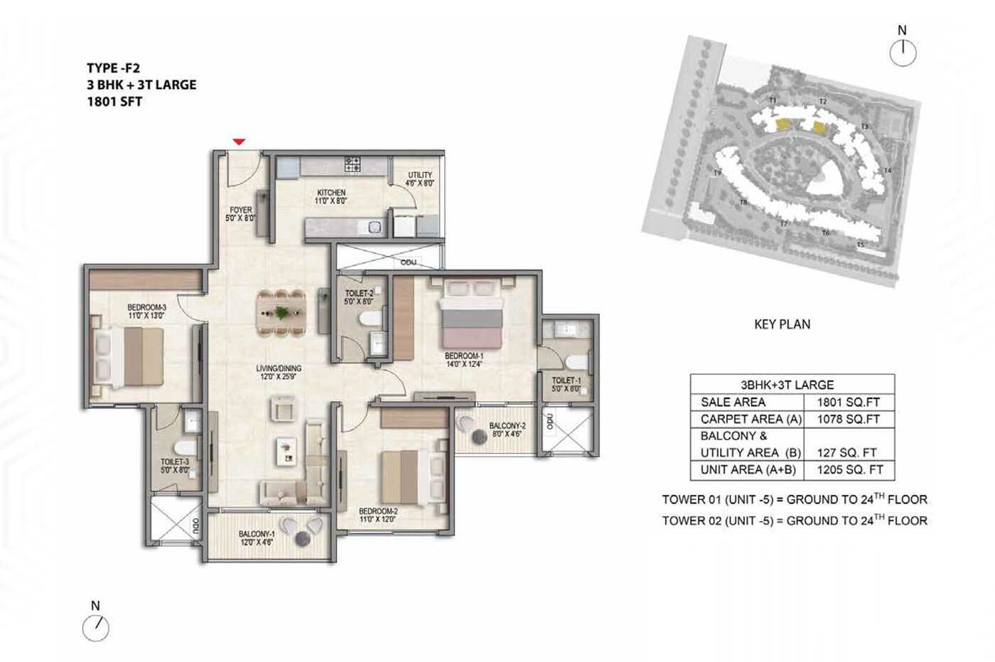 Floor plan of 3 BHK 1801 Sq. Ft. Apartment in Prestige Parklane, Bangalore