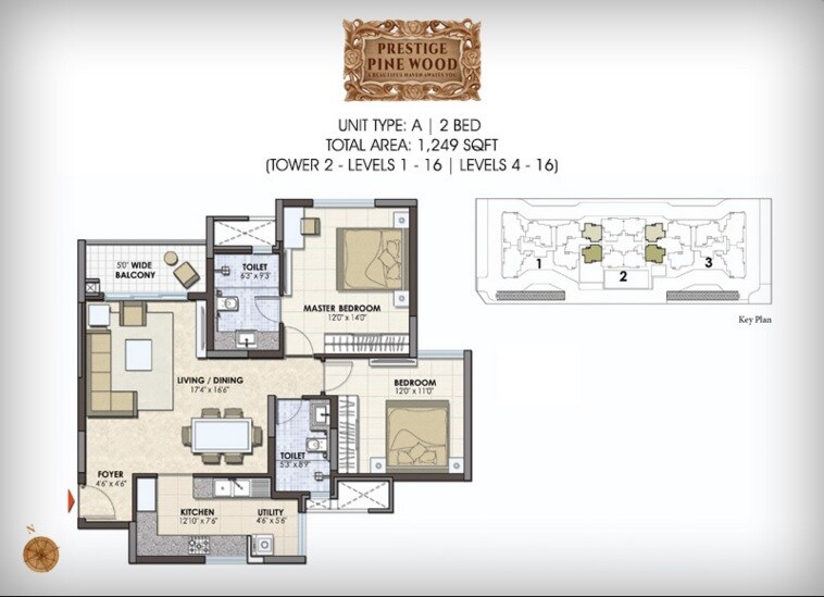 Floor plan of 2 BHK 1249 Sq. Ft. Apartment in Prestige Pine Wood, Bangalore