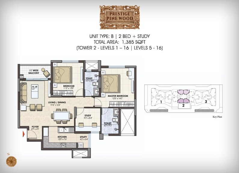 Floor plan of 2 BHK 1385 Sq. Ft. Apartment in Prestige Pine Wood, Bangalore