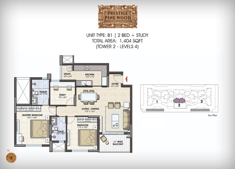 Floor plan of 2 BHK 1404 Sq. Ft. Apartment in Prestige Pine Wood, Bangalore