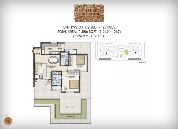 Floor plan of 2 BHK 1586 Sq. Ft. Apartment in Prestige Pine Wood, Bangalore