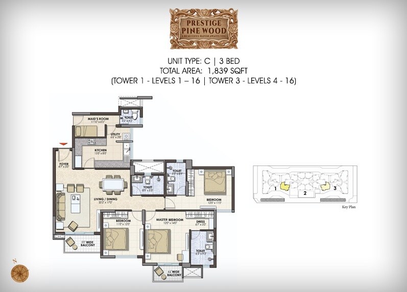 Floor plan of 3 BHK 1839 Sq. Ft. Apartment in Prestige Pine Wood, Bangalore