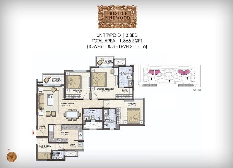 Floor plan of 3 BHK 1866 Sq. Ft. Apartment in Prestige Pine Wood, Bangalore