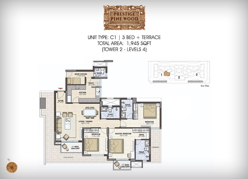 Floor plan of 3 BHK 1945 Sq. Ft. Apartment in Prestige Pine Wood, Bangalore
