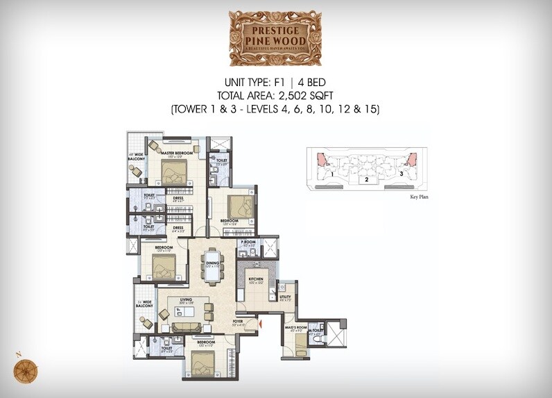 Floor plan of 4 BHK 2502 Sq. Ft. Apartment in Prestige Pine Wood, Bangalore