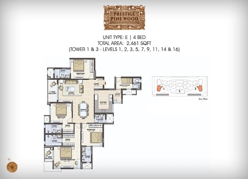 Floor plan of 4 BHK 2461 Sq. Ft. Apartment in Prestige Pine Wood, Bangalore