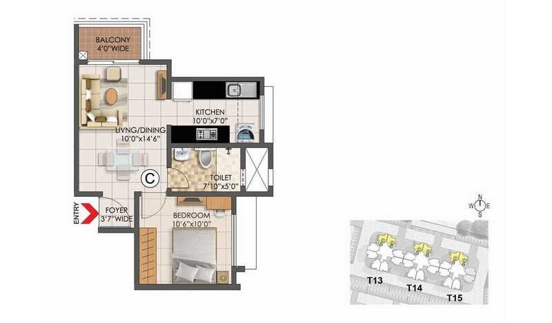 Floor plan of 1 BHK 584 Sq. Ft. Apartment in Prestige Primrose Hills, Bangalore