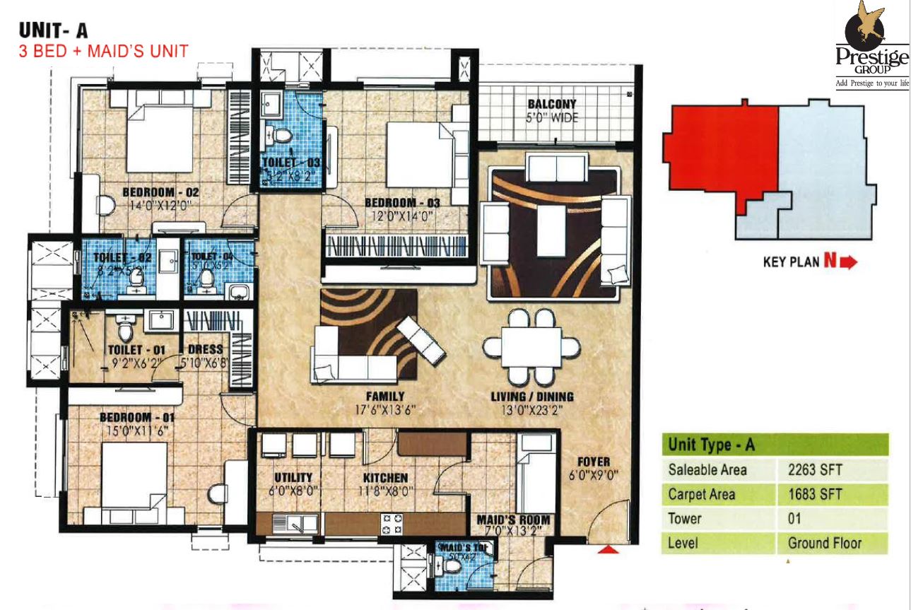 Floor plan of 3 BHK 2263 Sq. Ft. Apartment in Prestige Rapperswil, Bangalore
