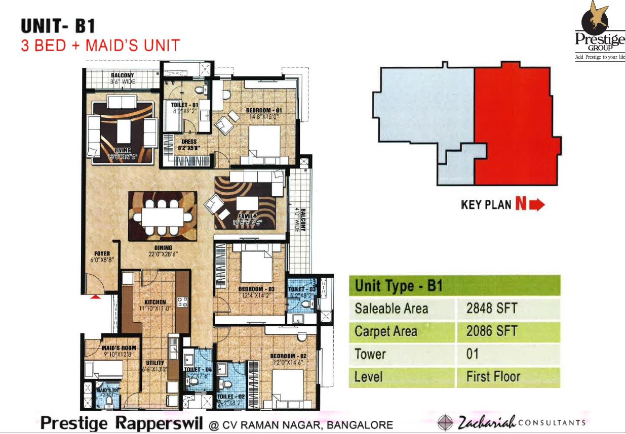 Floor plan of 3 BHK 2848 Sq. Ft. Apartment in Prestige Rapperswil, Bangalore