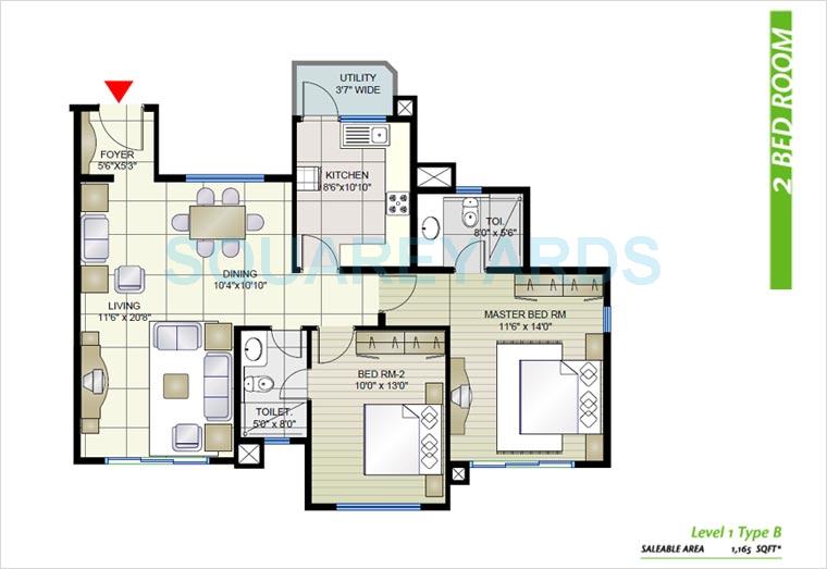 Floor plan of 2 BHK 1165 Sq. Ft. Apartment in Prestige Shantiniketan, Bangalore