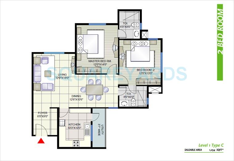 Floor plan of 2 BHK 1254 Sq. Ft. Apartment in Prestige Shantiniketan, Bangalore