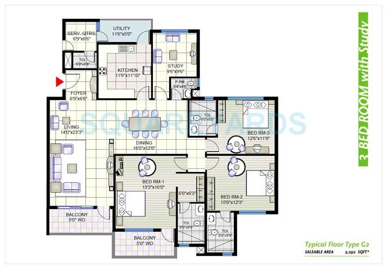 Floor plan of 3 BHK 2292 Sq. Ft. Apartment in Prestige Shantiniketan, Bangalore