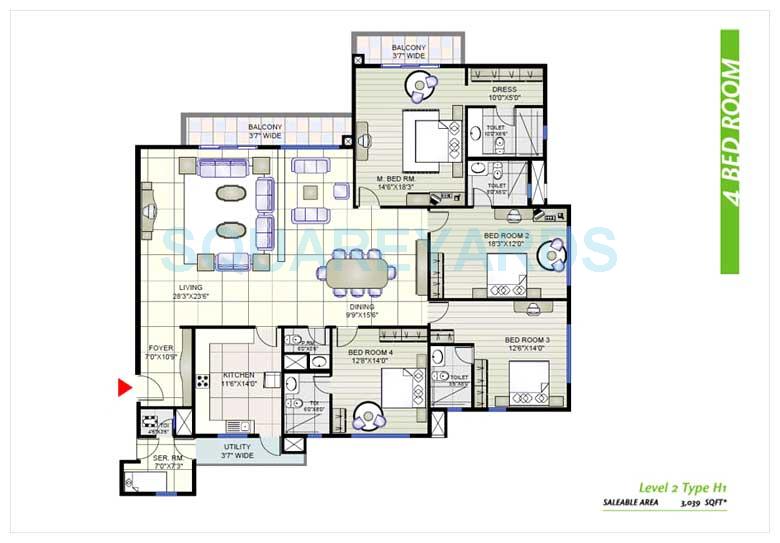 Floor plan of 4 BHK 3039 Sq. Ft. Apartment in Prestige Shantiniketan, Bangalore