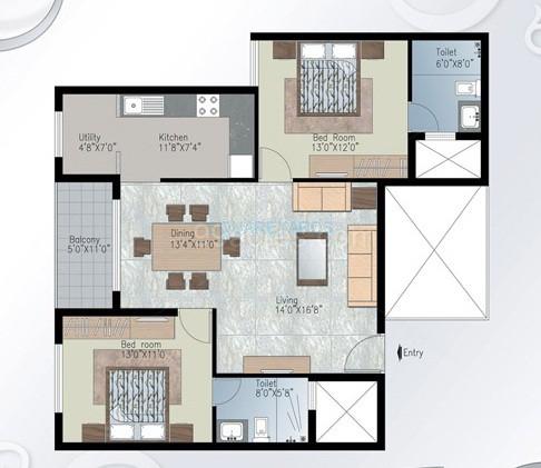 Floor plan of 2 BHK 1175 Sq. Ft. Apartment in Prestige Silver Crest, Bangalore