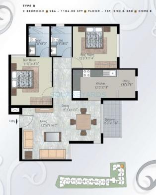 Floor plan of 2 BHK 1184 Sq. Ft. Apartment in Prestige Silver Crest, Bangalore